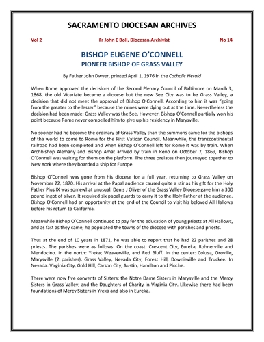 Bishop Eugene O\'Connell - Pioneer Bishop of Grass Valley (April 1, 1976)