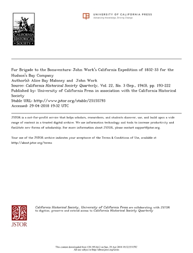 Fur Brigade to the Bonaventura - John Work\'s California Expedition of 1832-33 (Part 1)(December 1943)