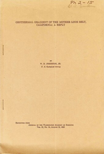 Geothermal Gradient of the Mother Lode Belt California A Reply by W D Johnston Jr (PH 2-15) (1932)