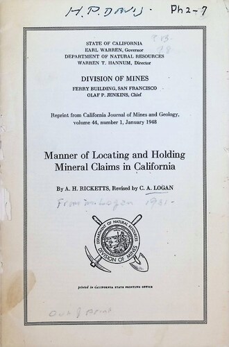 Manner of Locating and Holding Mineral Claims in California by A H Ricketts (PH 2-7) (1948)