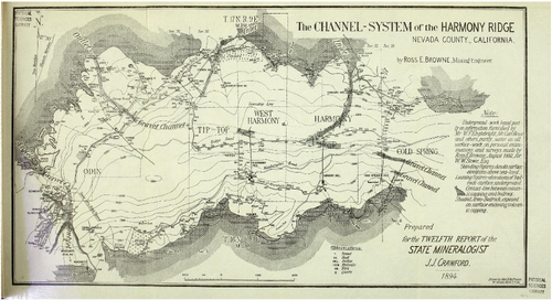 Map of Harmony Ridge Channel, Nevada County by J.J. Crawford (1894)