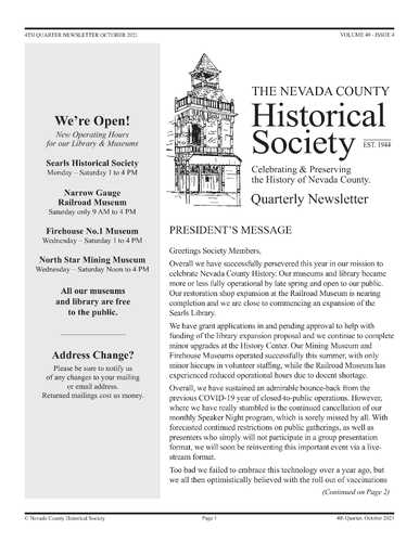 Click to view Nevada County Historical Society Newsletters Nevada County Historical Society Newsletters