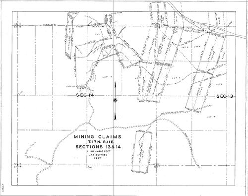 Click to see Mining Claims, T17 R11 Sections 13 & 14, 1957 of Allan Beeson Survey Maps Book ER