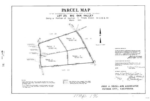 Click to see Parcel Map Book 1, pg. 196 (1971) of Nevada County Recorders Parcel Maps Book 1