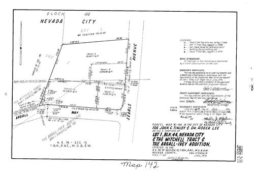 Click to see Parcel Map Book 10, pg. 142 (1976) of Nevada County Recorders Parcel Maps Book 10
