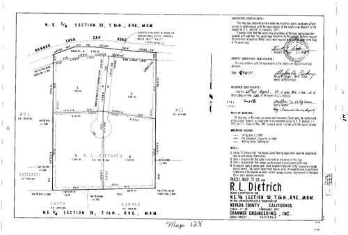 Click to see Parcel Map Book 11, pg. 128 (1977) of Nevada County Recorders Parcel Maps Book 11