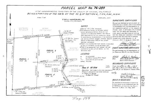 Click to see Parcel Map Book 11, pg. 144 (1977) of Nevada County Recorders Parcel Maps Book 11