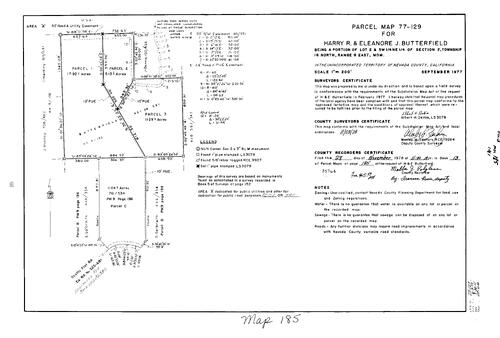 Click to see Parcel Map Book 13, pg. 185 (1978) of Nevada County Recorders Parcel Maps Book 13