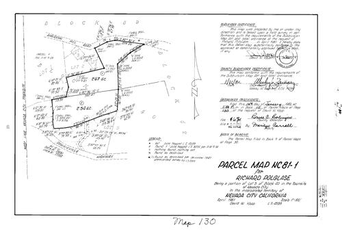 Click to see Parcel Map Book 15, pg. 130 (1982) of Nevada County Recorders Parcel Maps Book 15