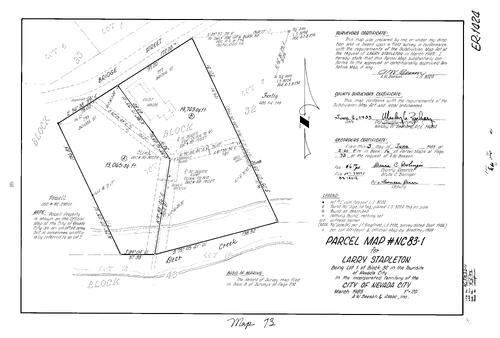 Click to see Parcel Map Book 16, pg. 73 (1983) of Nevada County Recorders Parcel Maps Book 16
