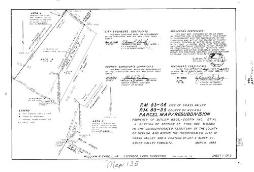 Click to see Parcel Map Book 16, pg. 135 (1984) of Nevada County Recorders Parcel Maps Book 16