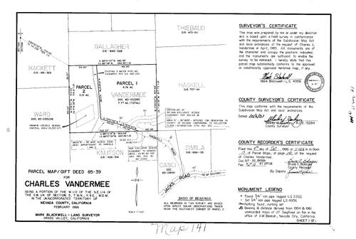 Click to see Parcel Map Book 17, pg. 141 (1987) of Nevada County Recorders Parcel Maps Book 17