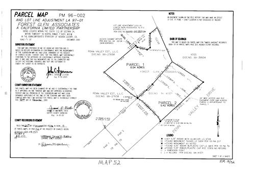 Click to see Parcel Map Book 19, pg. 52 (2000) of Nevada County Recorders Parcel Maps Book 19