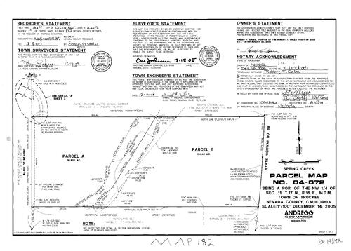 Click to see Parcel Map Book 19, pg. 182 (2005) of Nevada County Recorders Parcel Maps Book 19