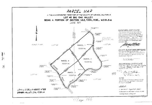 Click to see Parcel Map Book 2, pg. 166 (1971) of Nevada County Recorders Parcel Maps Book 2