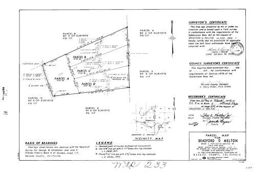 Click to see Parcel Map Book 2, pg. 233 (1972) of Nevada County Recorders Parcel Maps Book 2