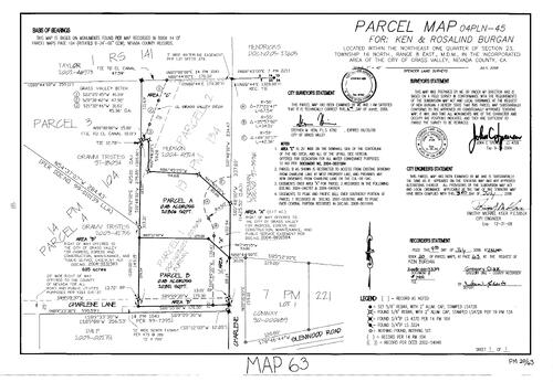 Click to see Parcel Map Book 20, pg. 63 (2008) of Nevada County Recorders Parcel Maps Book 20