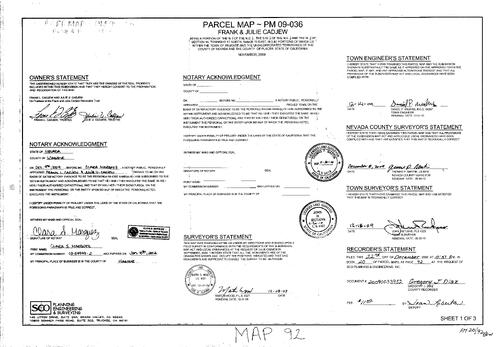 Click to see Parcel Map Book 20, pg. 92 (2009) of Nevada County Recorders Parcel Maps Book 20