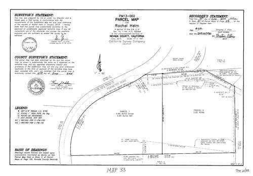 Click to see Parcel Map Book 21, pg. 33 (2015) of Nevada County Recorders Parcel Maps Book 21