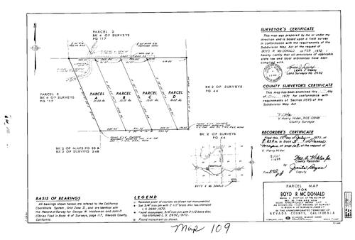 Click to see Parcel Map Book 3, pg. 109 (1972) of Nevada County Recorders Parcel Maps Book 3