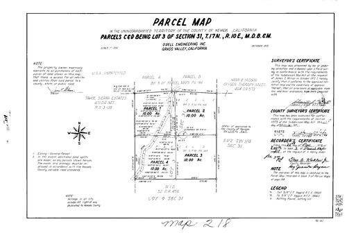 Click to see Parcel Map Book 3, pg. 218 (1972) of Nevada County Recorders Parcel Maps Book 3