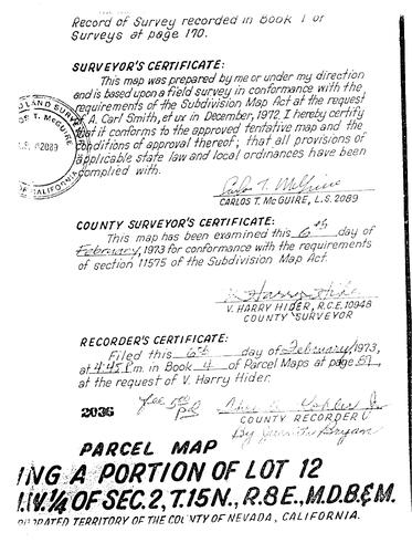 Click to see Parcel Maps Book 4, pg. 89 (1973) of Nevada County Recorders Parcel Maps Book 4