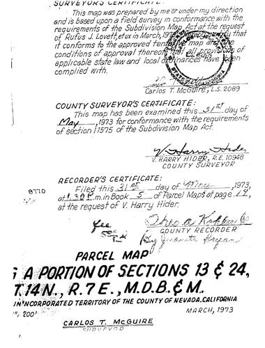 Click to see Parcel Map Book 5, pg. 19 (1973) of Nevada County Recorders Parcel Maps Book 5