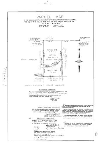 Click to see Parcel Map Book 7, pg. 1 (1974) of Nevada County Recorders Parcel Maps Book 7