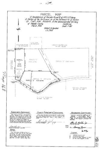 Click to see Parcel Map Book 7, pg. 168 (1974) of Nevada County Recorders Parcel Maps Book 7