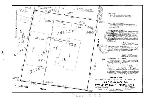 Click to see Parcel Maps Book 7, pg. 222 (1974) of Nevada County Recorders Parcel Maps Book 7