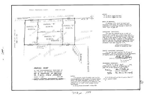 Click to see Parcel Map Book 8, pg. 144 (1974) of Nevada County Recorders Parcel Maps Book 8