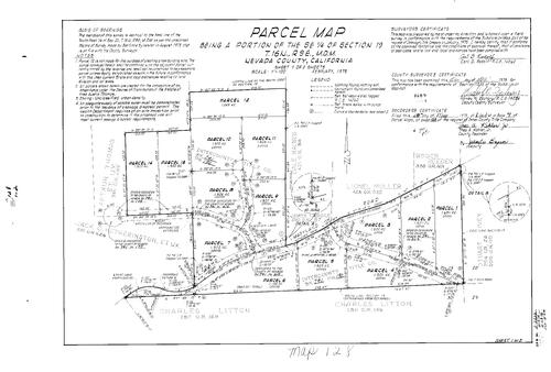 Click to see Parcel Map Book 9, pg. 128 (1975) of Nevada County Recorders Parcel Maps Book 9