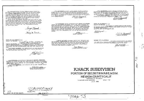 Click to see Subdivision Book 1, pg. 73 (1939) of Nevada County Recorders Subdivision Maps Book 1