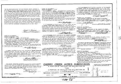 Click to see Subdivision Book 1, pg. 85 (1947) of Nevada County Recorders Subdivision Maps Book 1