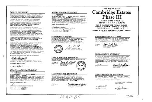 Click to see Subdivision Book 8, pg. 85 (2001) of Nevada County Recorders Subdivision Maps Book 8