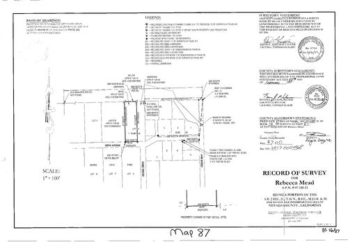 Click to see Survey Map Book 16, pg. 87 of Nevada County Recorders Survey Maps Book 16