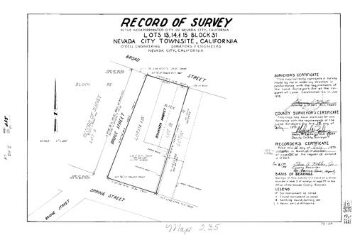 Click to see Record of Survey Book 5, pg. 235 (1975) of Nevada County Recorders Survey Maps Book 5