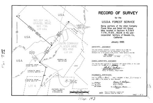 Click to see Record of Survey Book 9, pg. 143 (1985) of Nevada County Recorders Survey Maps Book 9