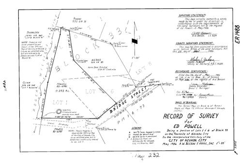 Click to see Record of Survey Book 9, pg. 232 (1986) of Nevada County Recorders Survey Maps Book 9