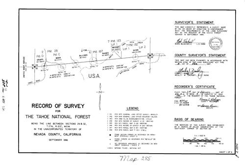 Click to see Record of Survey Book 9, pg. 285 (1987) of Nevada County Recorders Survey Maps Book 9