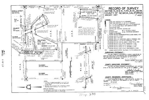 Click to see Record of Survey Book 9, pg. 290 (1987) of Nevada County Recorders Survey Maps Book 9