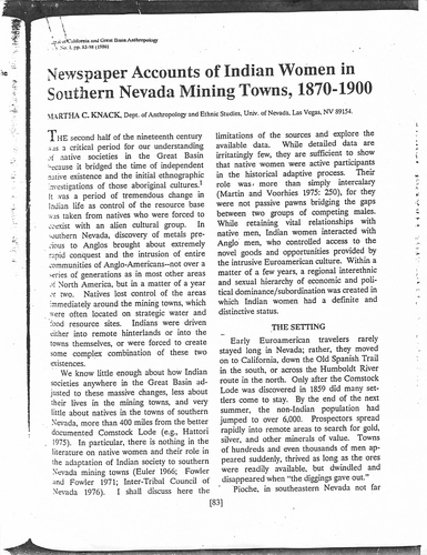 Newspaper Accounts of Indian Women in Southern Nevada Mining Towns, 1870-1900