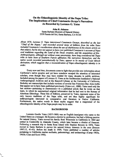 On the Ethnolinguistic Identity of the Napa Tribe [Chief Constancio Occaye\'s Narratives]