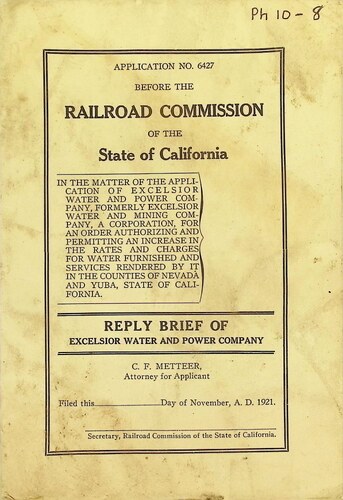 Before the California Railroad Commission of the State of California, Reply Brief of Excelsior Water and Power Company (PH 10-8)(November 1921)