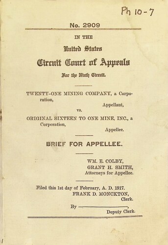 Twenty-One Mining Company vs. Original Sixteen to One Mine Inc. Brief for Appellee (PH 10-7)(02-01-1917)
